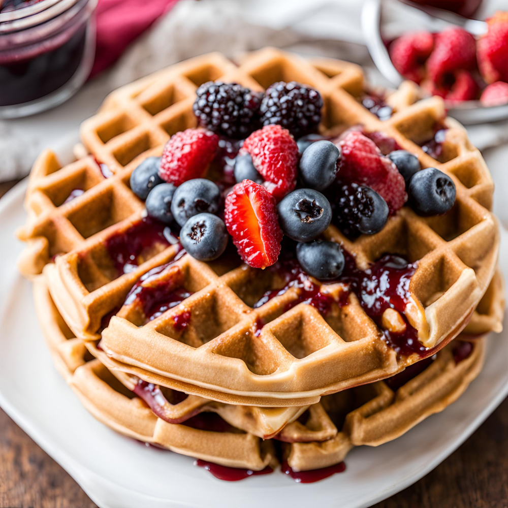 Stack of Peanut Butter and Jelly Waffles topped with fresh berries and a drizzle of jelly.