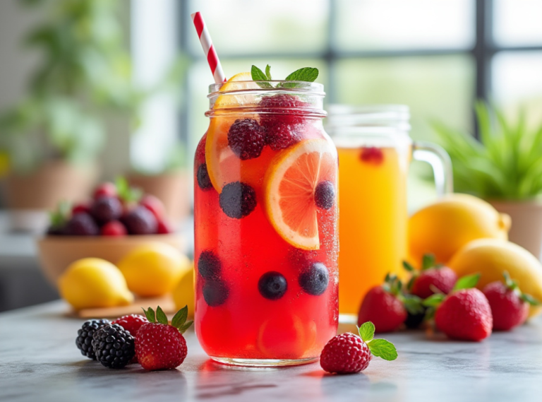 A mason jar filled with fruit punch, berries, and citrus slices, with a striped straw, set against a bright kitchen background with lemons and berries.