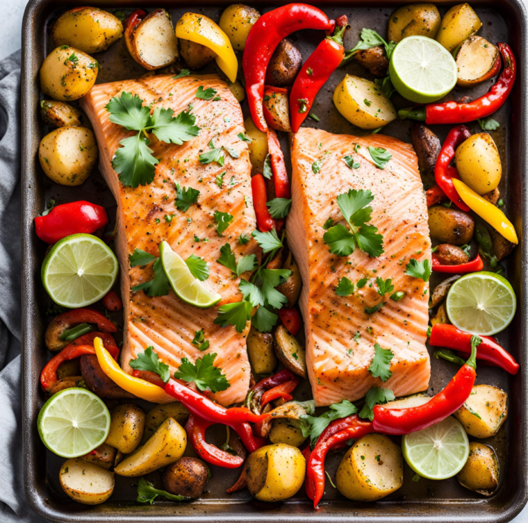 Overhead view of two roasted salmon fillets with lime slices on a sheet pan, surrounded by roasted potatoes and red peppers.