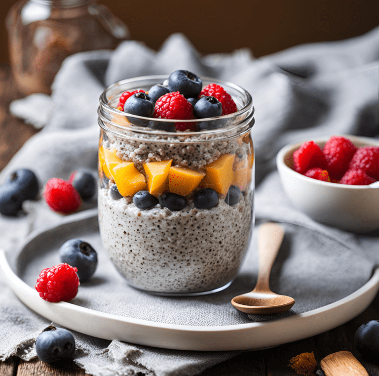 Three jars of chia pudding layered with yogurt, fresh mango, raspberries, and granola, with a spoon beside them.