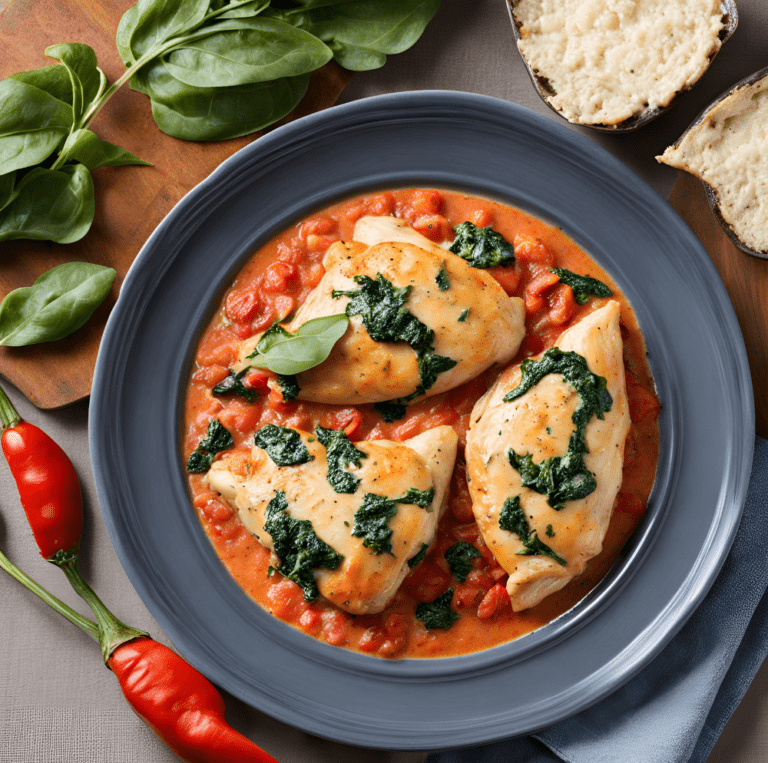 Three chicken cutlets with creamy spinach and roasted red pepper sauce on a gray plate.