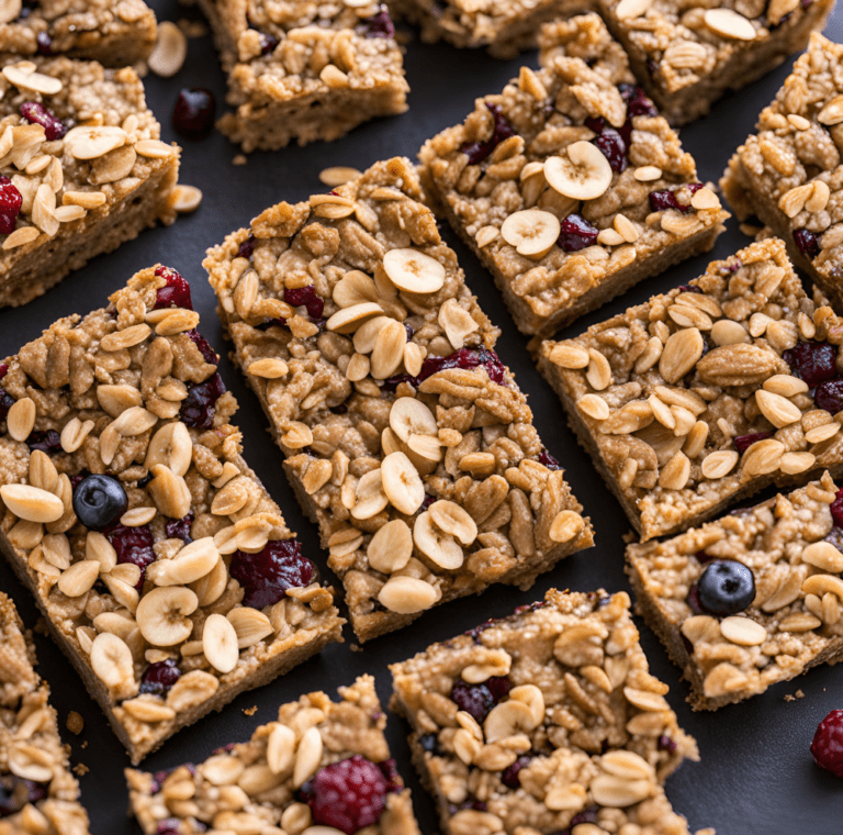 Close-up of baked oatmeal bars with nuts and berries, cut into squares on a dark surface.