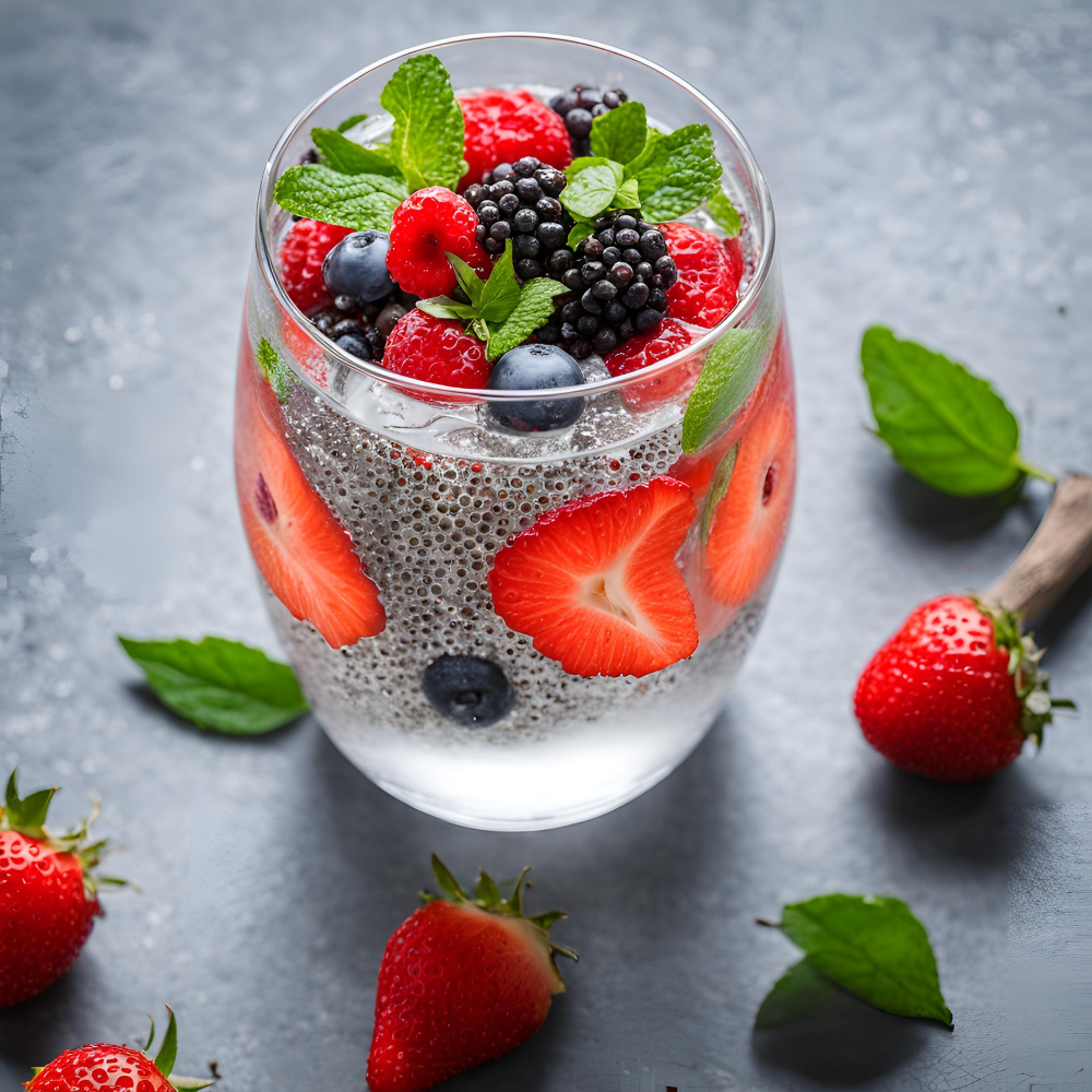 Glass of chia fresca with layered chia seeds, fresh strawberries, blueberries, blackberries, and mint leaves.