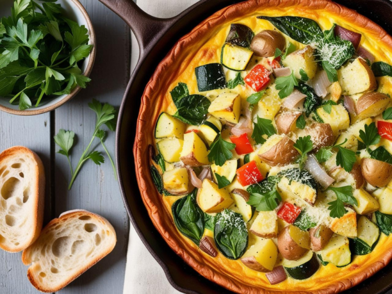 A freshly baked potato and bell pepper frittata in a cast-iron skillet, garnished with parsley and Parmesan cheese.