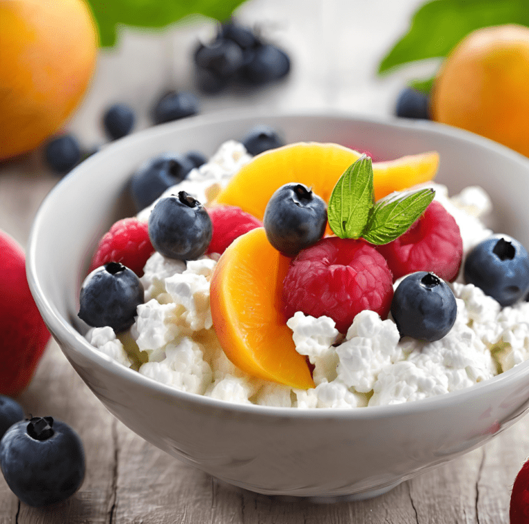 Cottage cheese in a bowl topped with fresh raspberries, blueberries, and a peach slice, garnished with mint.