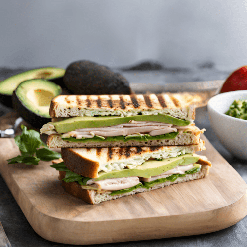 Turkey and Avocado Panini with a side of fresh avocado slices on a wooden board.