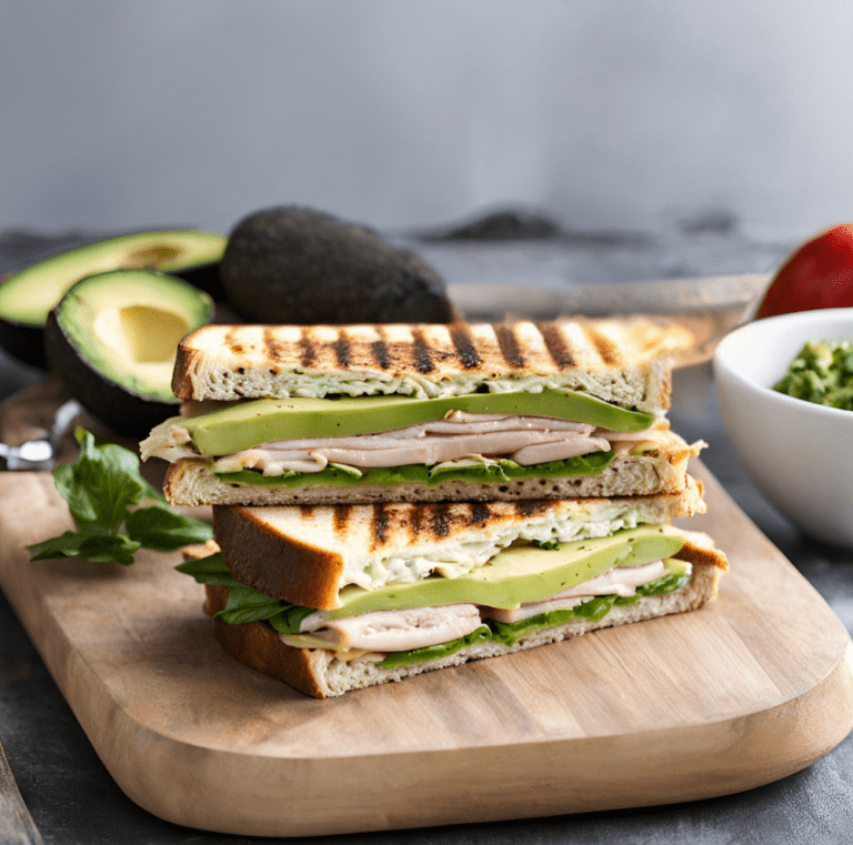 Turkey and Avocado Panini with a side of fresh avocado slices on a wooden board.