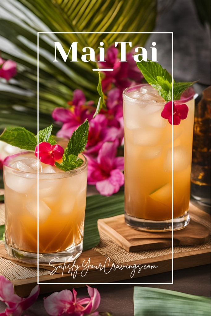 Mai Tai cocktail with floral and mint garnish, featured with the text "Mai Tai" and "SatisfyYourCravings.com.