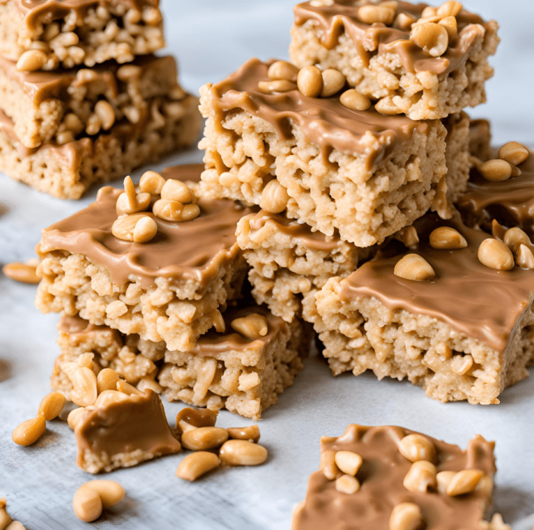 Peanut Butter Rice Krispie Treats drizzled with chocolate, arranged on a white tray, ready to be served.