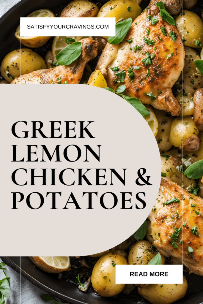 Greek Lemon Chicken and Potatoes Recipe Graphic for Satisfy Your Cravings Blog