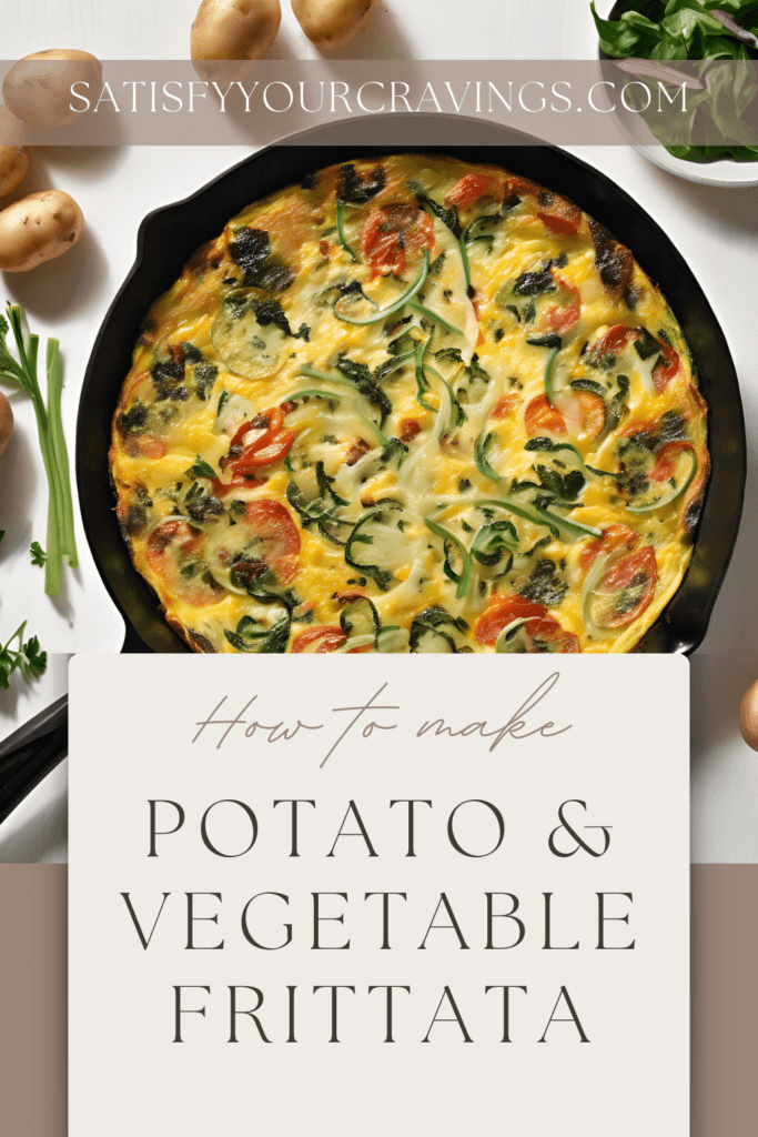 Top view of a golden potato and vegetable frittata in a skillet, with text overlay reading "How to make Potato & Vegetable Frittata."