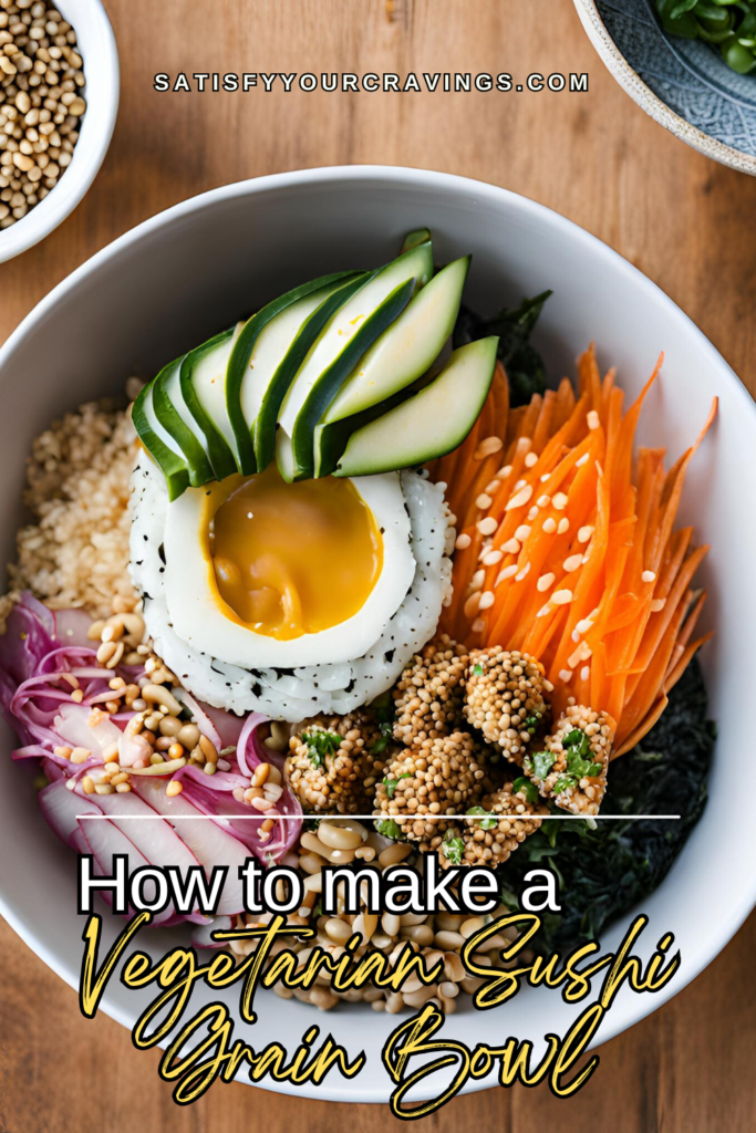 A Vegetarian Sushi Grain Bowl with fresh vegetables like avocado, carrots, and cucumber, served in a large ceramic bowl with chopsticks.