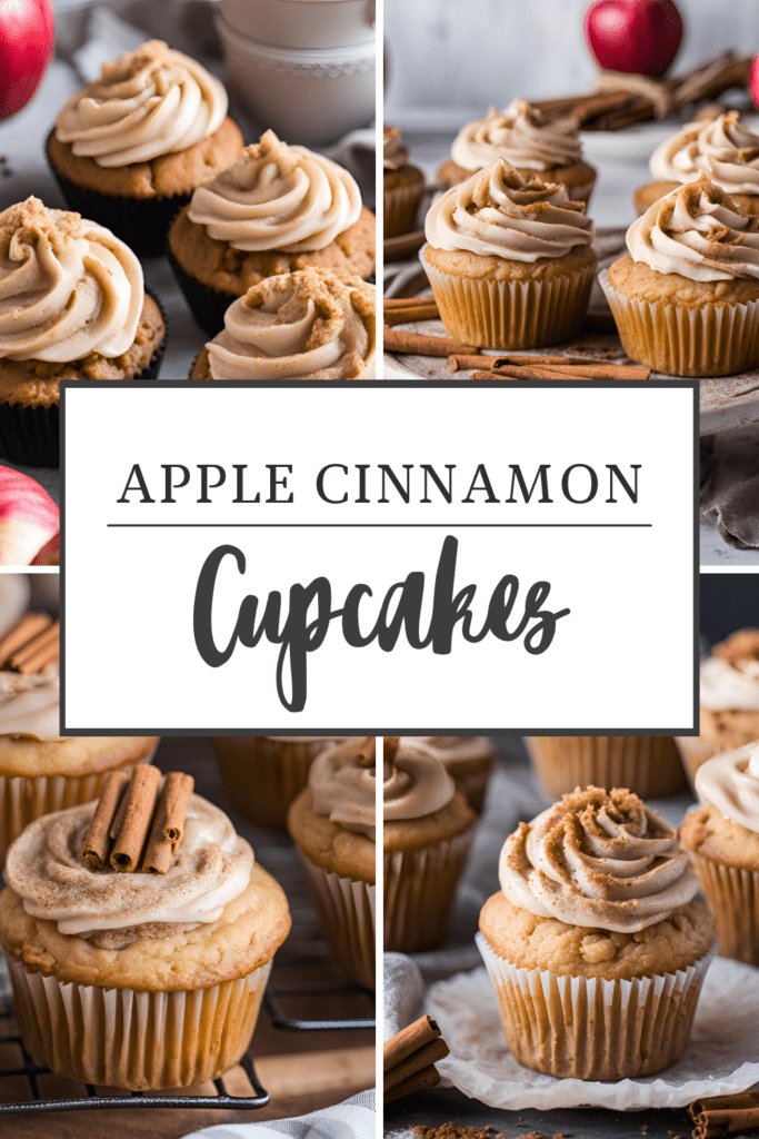 Collage of apple cinnamon cupcakes topped with cream cheese frosting and cinnamon sticks.