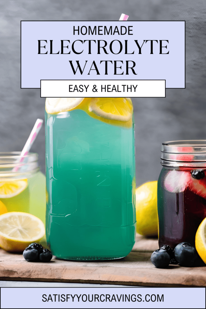 Colorful homemade electrolyte drinks in mason jars with fresh fruit garnishes, surrounded by slices of lime, lemon, and orange.