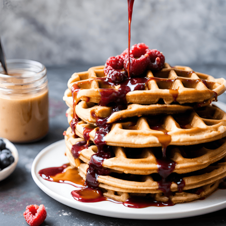 Stack of Peanut Butter and Jelly Waffles drizzled with jelly and topped with fresh berries.