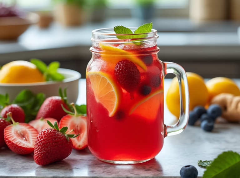 A mason jar of fruit punch with lemon slices, strawberries, and blueberries, surrounded by fresh fruit on a wooden surface.