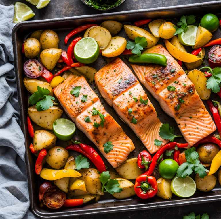 Overhead view of a sheet pan with three salmon fillets, baby potatoes, and peppers, garnished with lime slices and fresh cilantro.