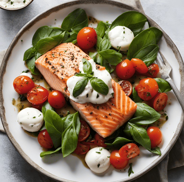 A split image of two Roasted Salmon Caprese dishes, featuring salmon, cherry tomatoes, mozzarella, and basil.