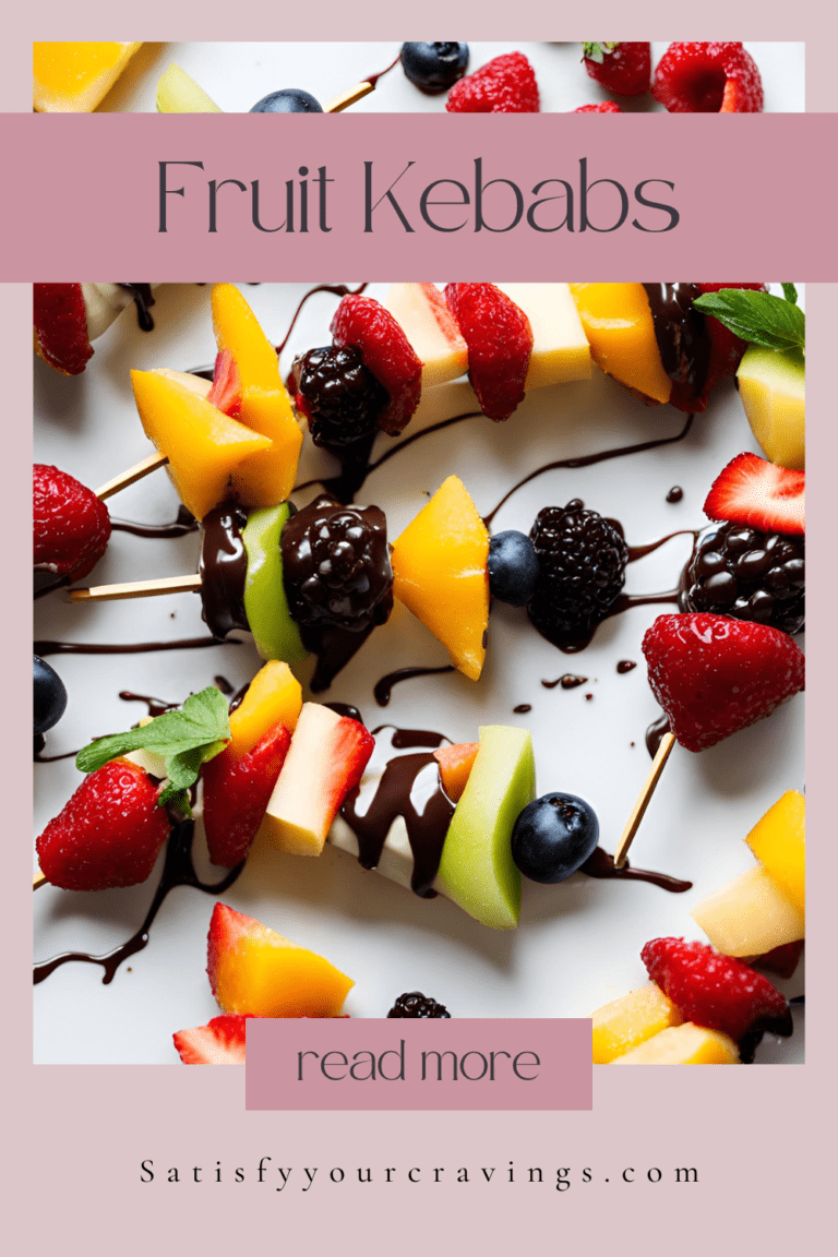 Fruit kebabs drizzled with chocolate sauce, featuring strawberries, melons, and blueberries with text overlay "Fruit Kebabs" and "Satisfyyourcravings.com."