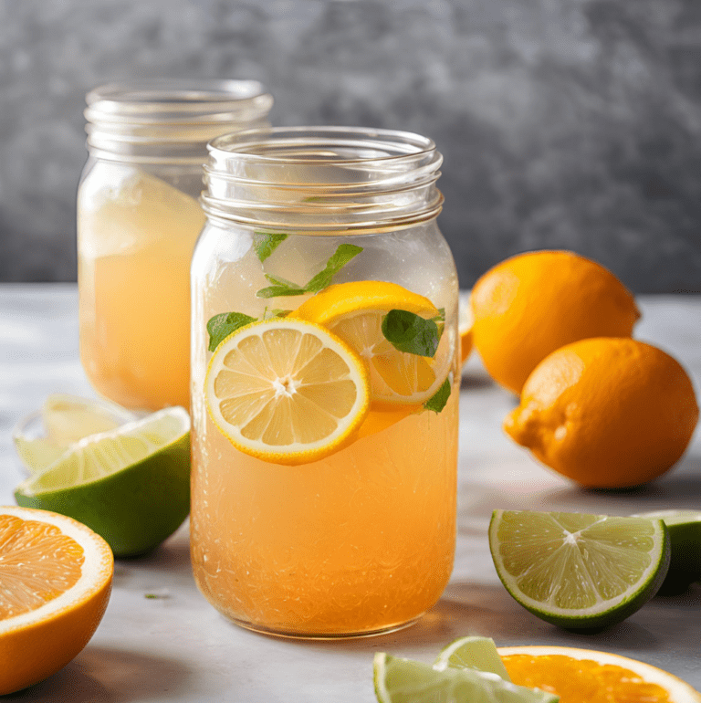 A mason jar filled with citrus lemonade, decorated with lemon slices and fresh mint, with more citrus fruits scattered around.