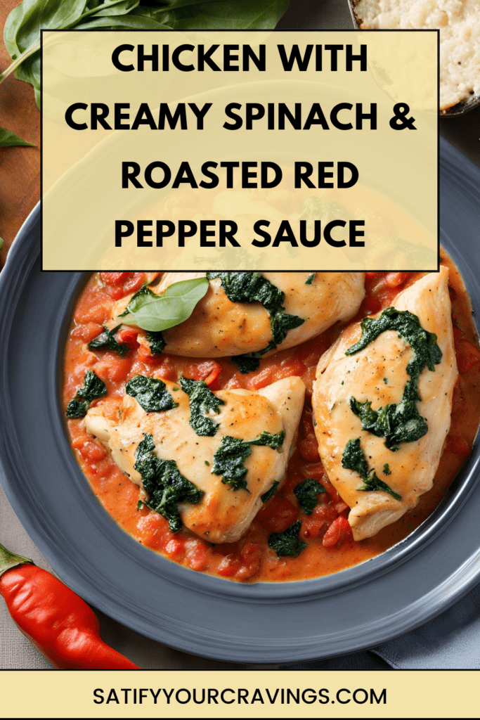 Text overlay on a plate of chicken cutlets with creamy spinach and roasted red pepper sauce.