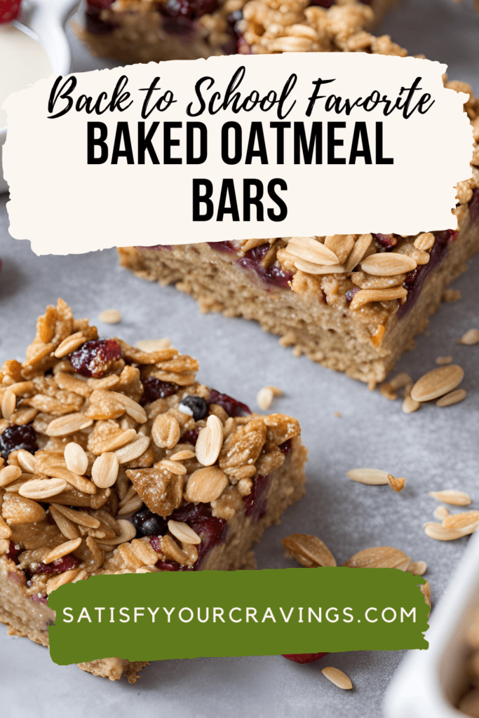 Close-up of baked oatmeal bars topped with oats and nuts, perfect for back-to-school breakfasts.