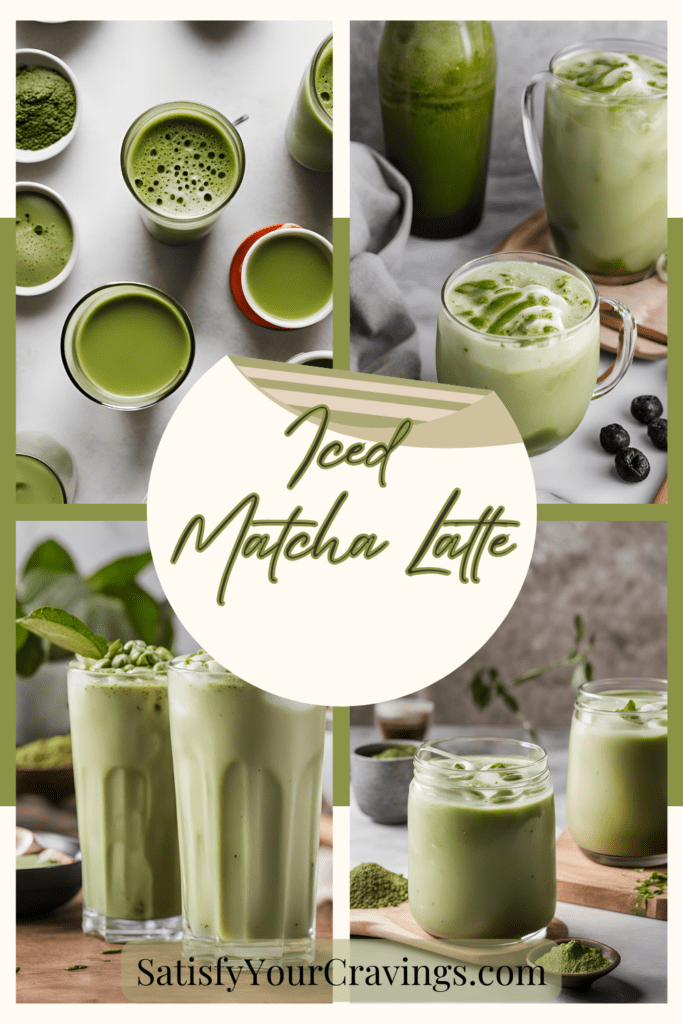 A collage of different Iced Matcha Latte images showcasing various styles and presentations.