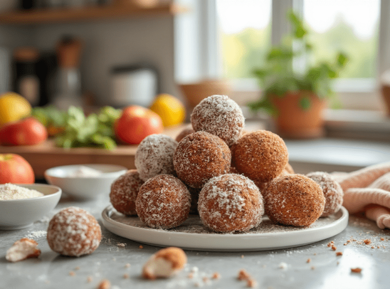 A plate of round energy bites coated with coconut flakes, arranged in a pyramid stack.