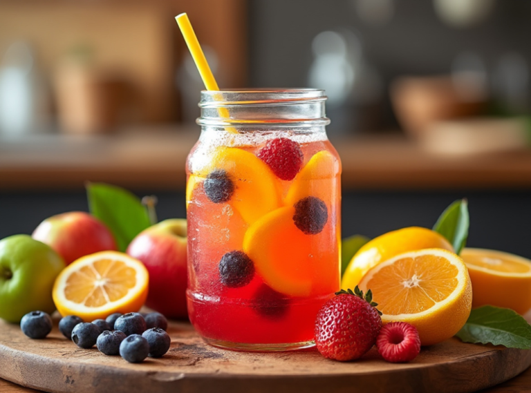 A mason jar of fruit punch with floating berries and citrus slices, surrounded by apples, oranges, and blueberries on a wooden table.