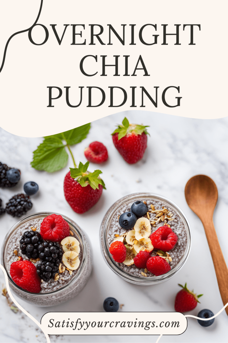 Two jars of chia pudding topped with fresh berries, with text reading "Overnight Chia Pudding" and the website "satisfyyourcravings.com."