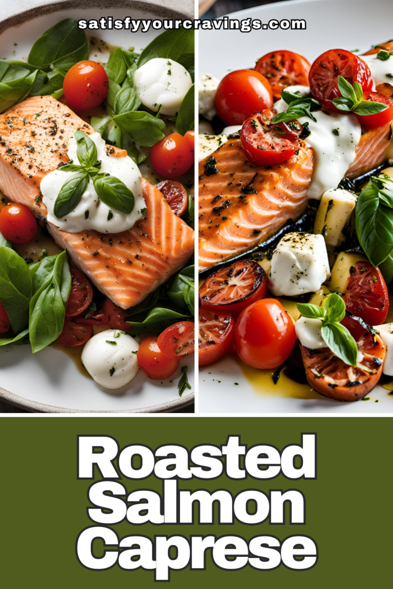 A split image of two Roasted Salmon Caprese dishes, featuring salmon, cherry tomatoes, mozzarella, and basil.