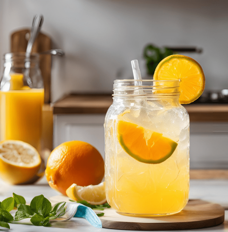 A glass mason jar with a straw filled with citrus lemonade, garnished with orange and lime slices, with fresh oranges and juice in the background.