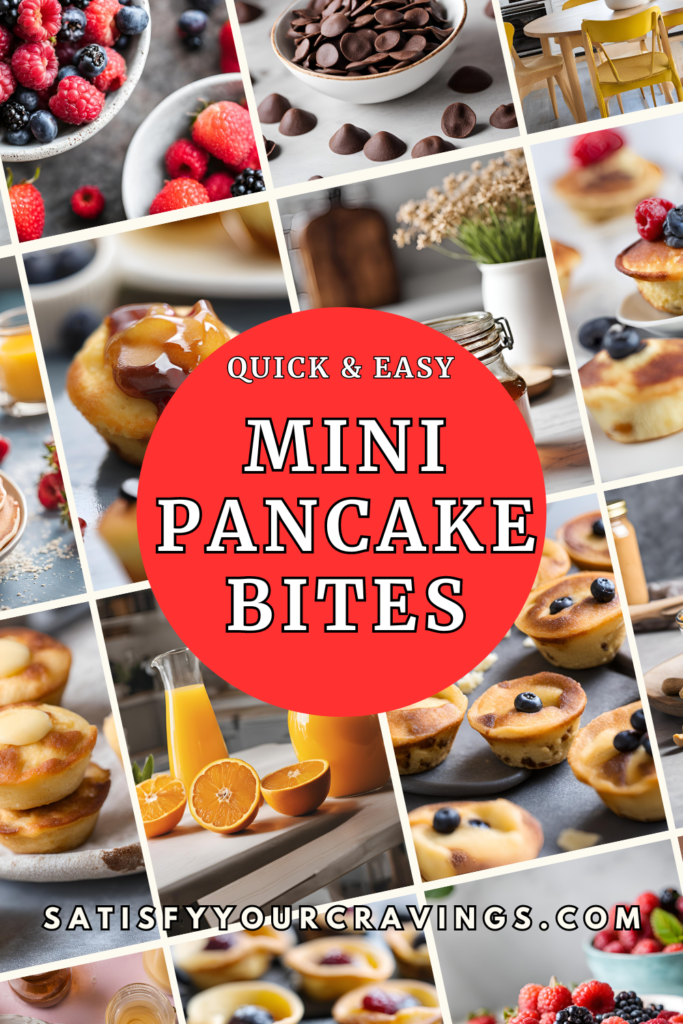 Collage of Mini Pancake Bites and ingredients with a central text "Quick & Easy Mini Pancake Bites.