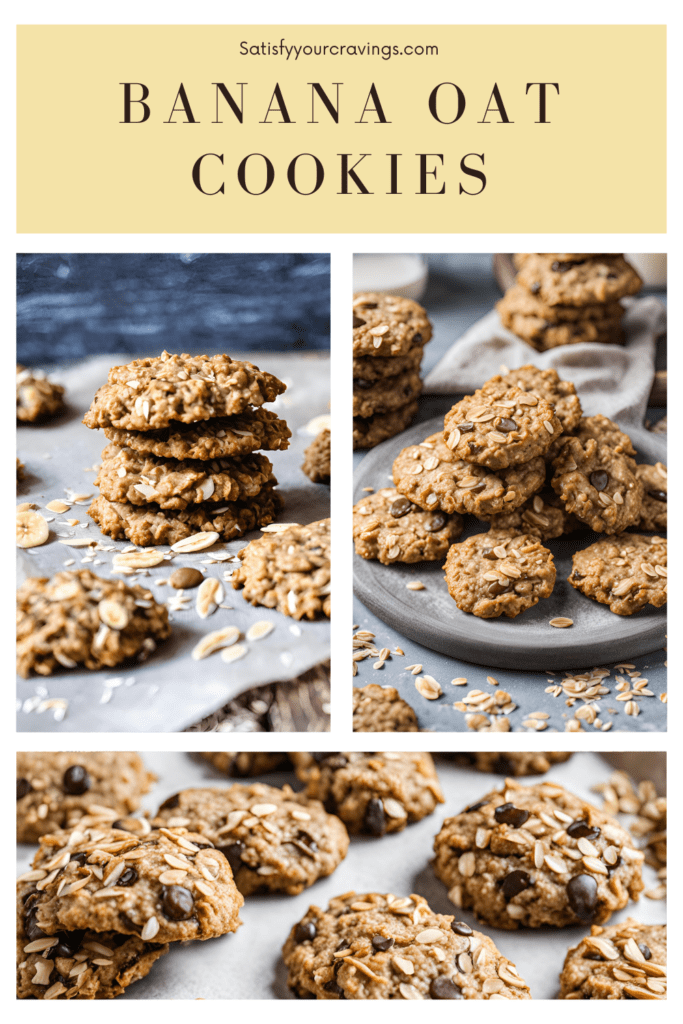 Collage of banana oat cookies showcasing different angles and presentations, with the text "Satisfy Your Cravings - Banana Oat Cookies.