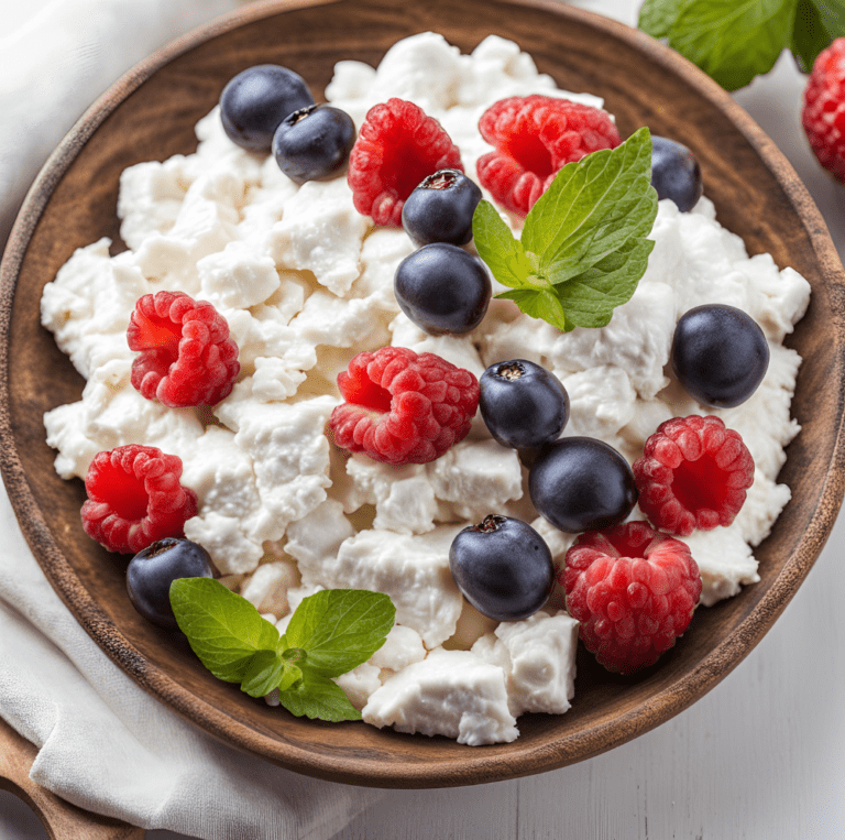 A rustic wooden bowl filled with cottage cheese, topped with fresh raspberries and blueberries, garnished with mint leaves.