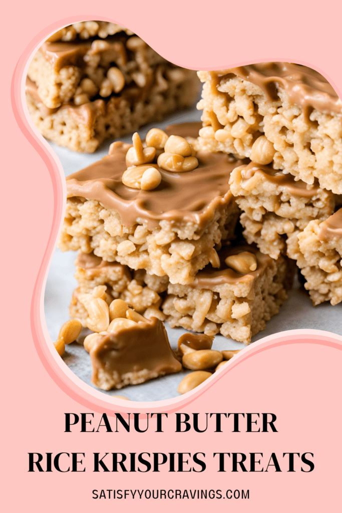 A close-up of Peanut Butter Rice Krispie Treats with a smooth peanut butter topping and nut garnish.