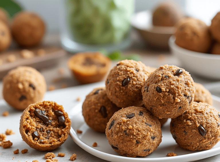 Energy bites filled with chocolate chips, displayed on a white plate with a bite taken out of one.