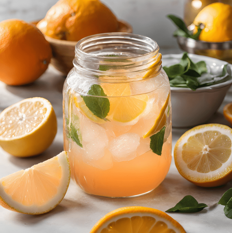 A mason jar filled with citrus-infused lemonade, garnished with fresh mint leaves, lemon slices, and ice cubes.
