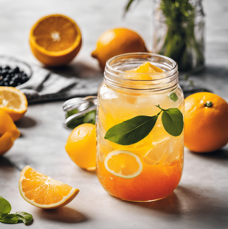 A mason jar filled with citrus lemonade, accompanied by fresh orange and lemon slices, sitting on a countertop.