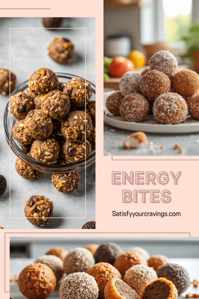 A collage of images showing different types of energy bites, including ones coated with nuts and seeds.