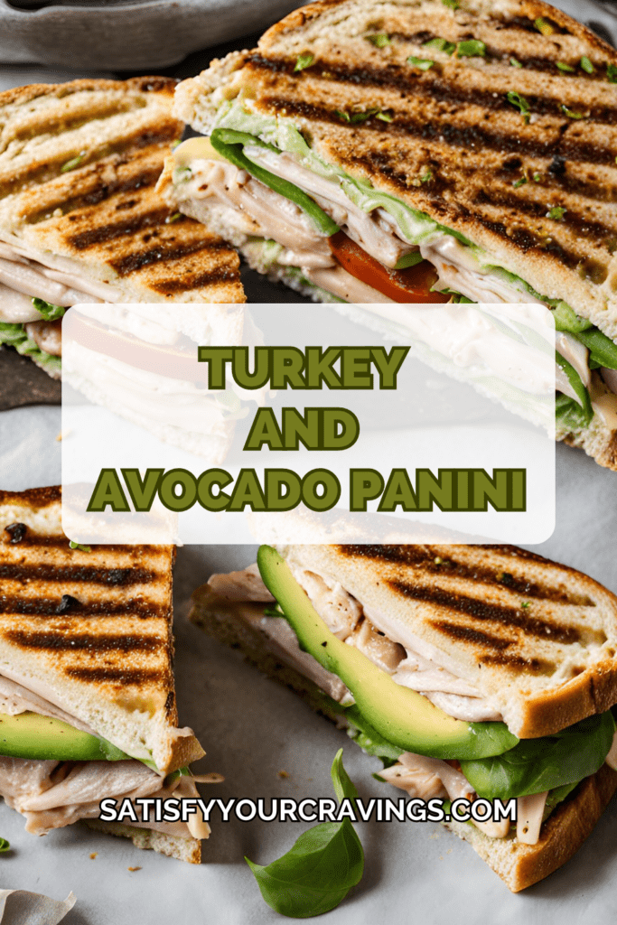 Turkey and Avocado Panini with spinach and tomato on a rustic slate serving tray.