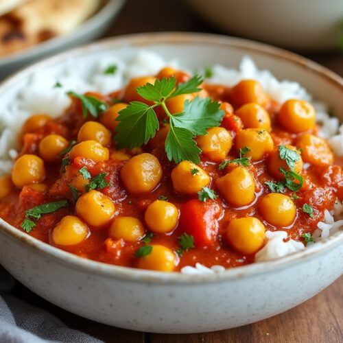 Chickpea curry served with a variety of spices and garnished with fresh cilantro.