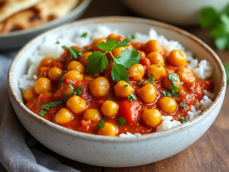 Chickpea curry served with a variety of spices and garnished with fresh cilantro.