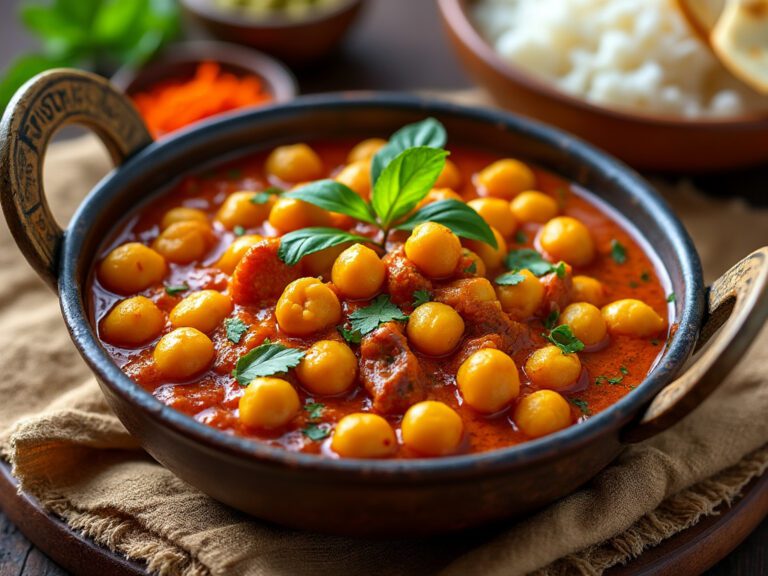 Chickpea curry in a traditional bowl garnished with basil and served with rice.