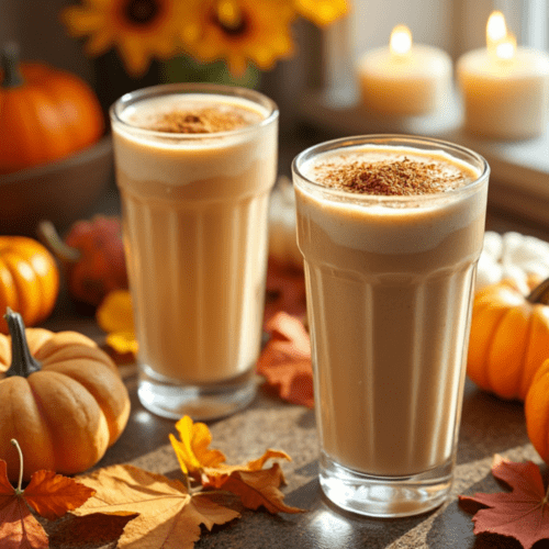 Delicious creamy Pumpkin Pie Smoothie in a tall glass, garnished with whipped cream and cinnamon, surrounded by mini pumpkins and fall leaves.