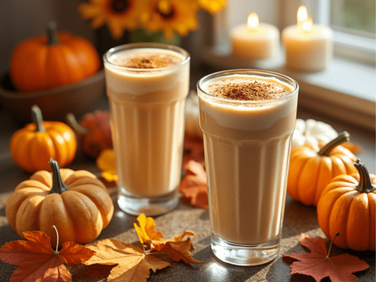 Delicious creamy Pumpkin Pie Smoothie in a tall glass, garnished with whipped cream and cinnamon, surrounded by mini pumpkins and fall leaves.