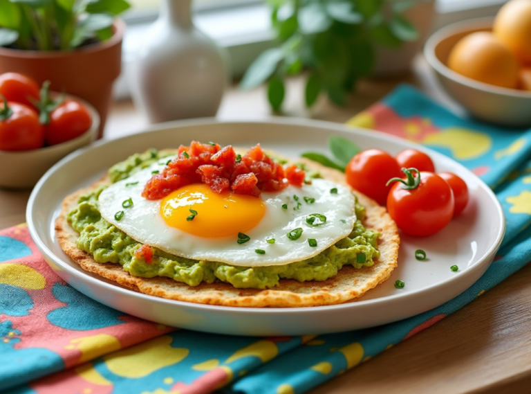 A delicious arepa topped with mashed avocado, a sunny-side-up egg, and tomato salsa.