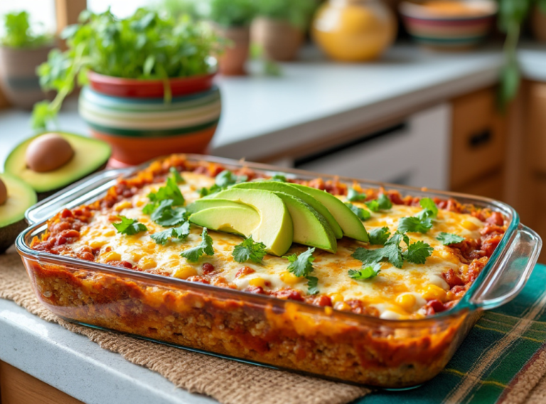 A fresh quinoa enchilada casserole topped with melted cheese, cilantro, and avocado slices in a glass dish.