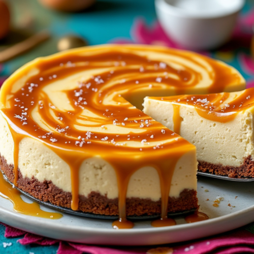 A sliced Dulce de Leche Cheesecake with rich caramel swirls and a sprinkle of sea salt.