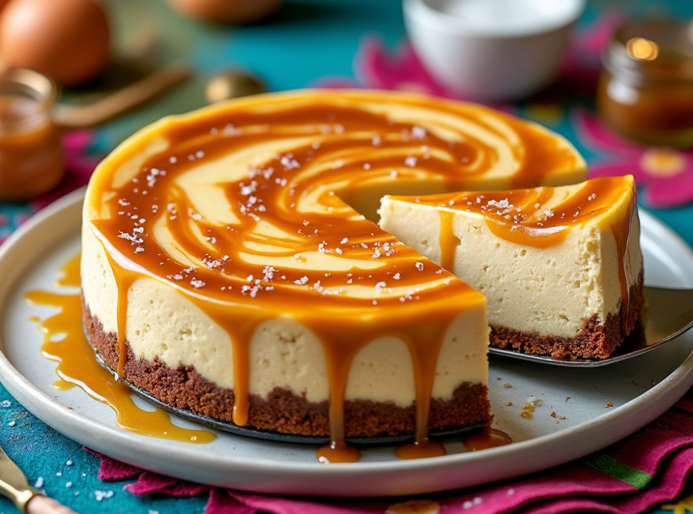 A sliced Dulce de Leche Cheesecake with rich caramel swirls and a sprinkle of sea salt.